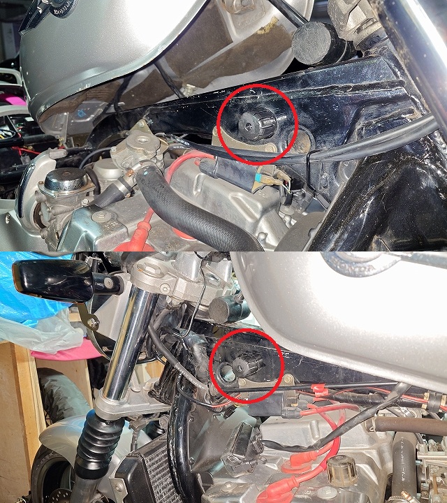 取り付けたタンククッションの位置を示した車体の写真(赤丸)